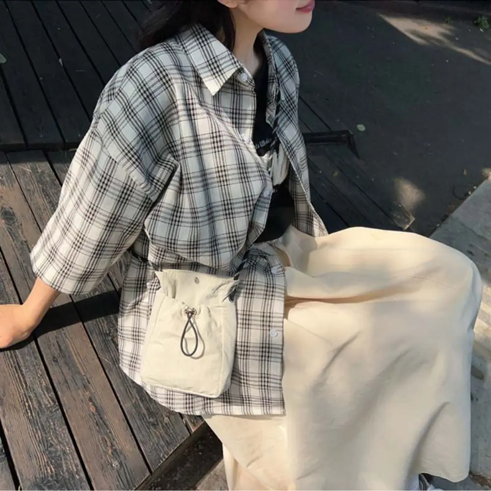 

Korean Style Drawstring Phone Bag Large Capacity Tote Bag Crossbody Bag Niche Design Solid Color Light Soft Nylon Bag Girls