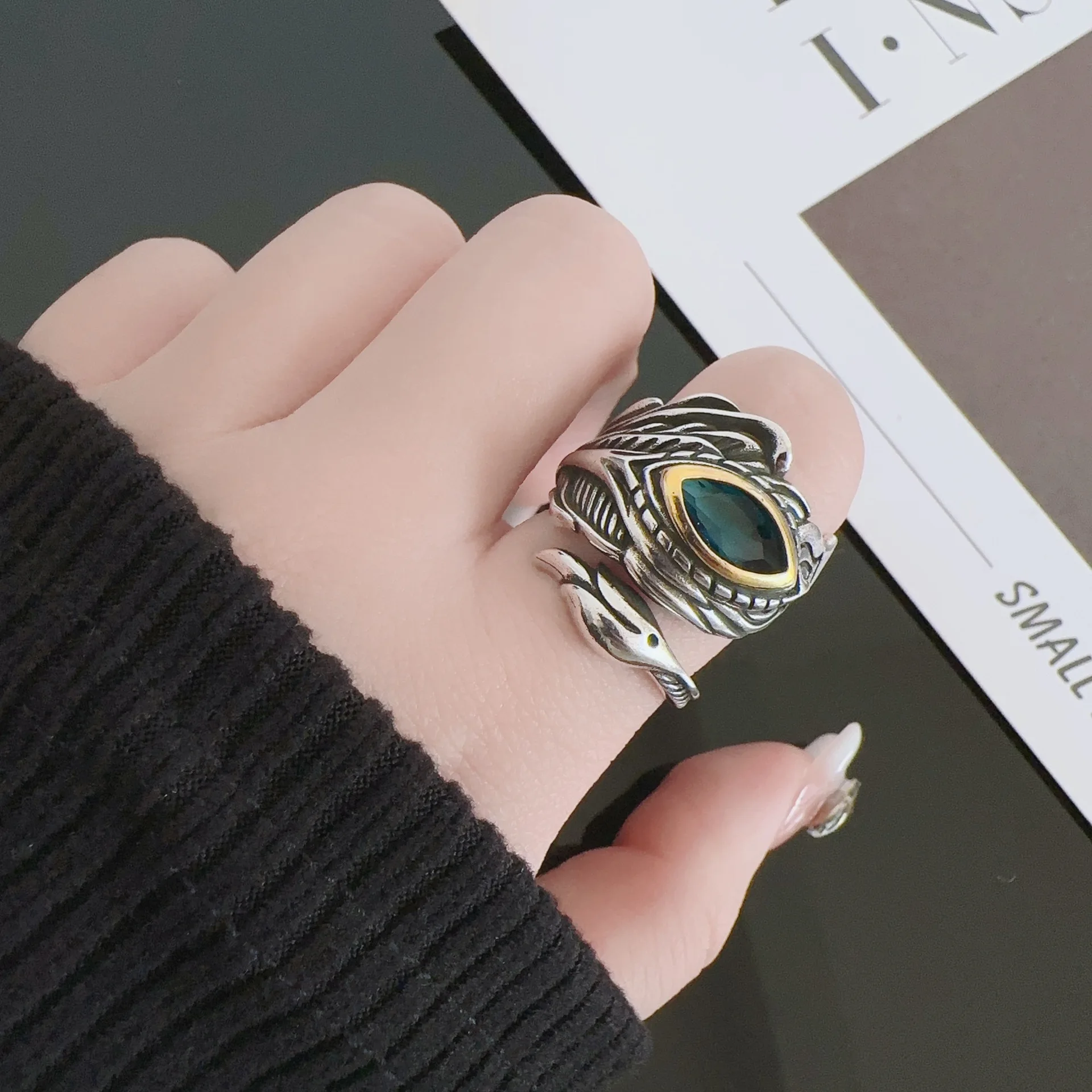 Retro Golden Wing Garuda Chinese Mythology Dapeng Ring For Men Punk Gothic Adjustable Open Ring Feather Accessories Jewelry Gift