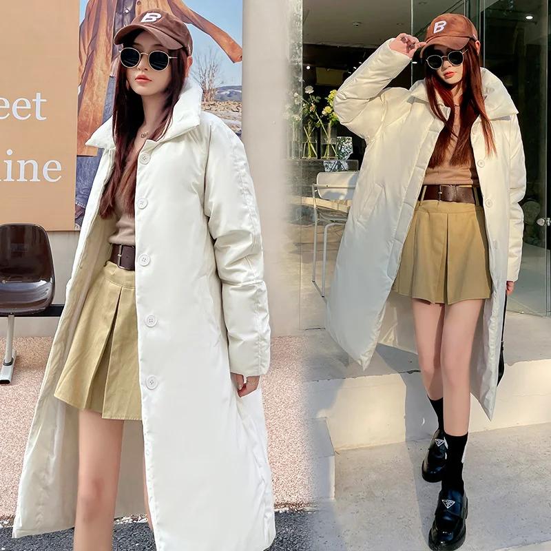 Down Lapel Cotton Coat Women\'s Long Over Knee 2023 New Loose Ladies Winter Trend Parkas Casual