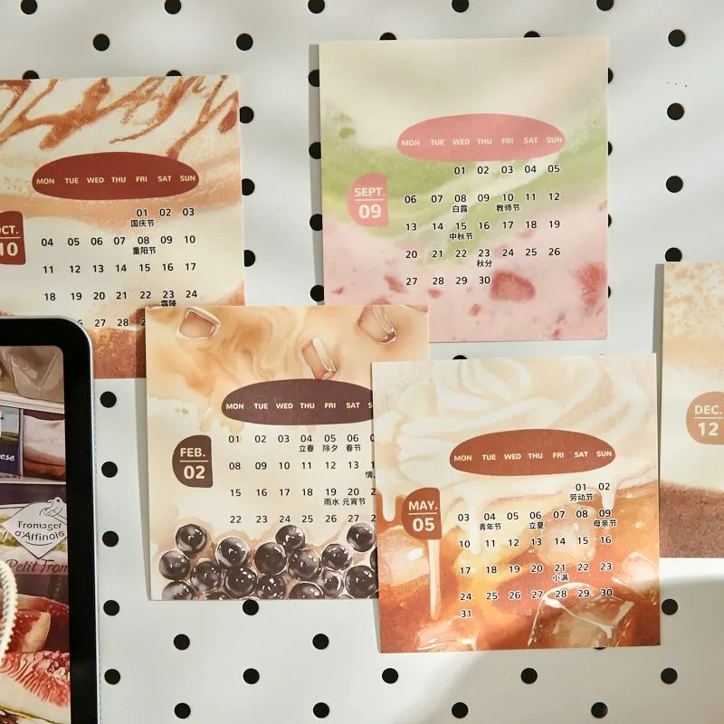 12Pcs Cute Coffee Shape Kraft Paper Monthly Calendar Decor Paper for Journal Album DIY Craft Projects