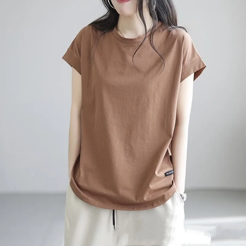 

Female Clothing Round Neck Loose Pullover Slim Style Solid Color Bottom Shirt Spring Summer Short Sleeve Tee Shirt Women Tops