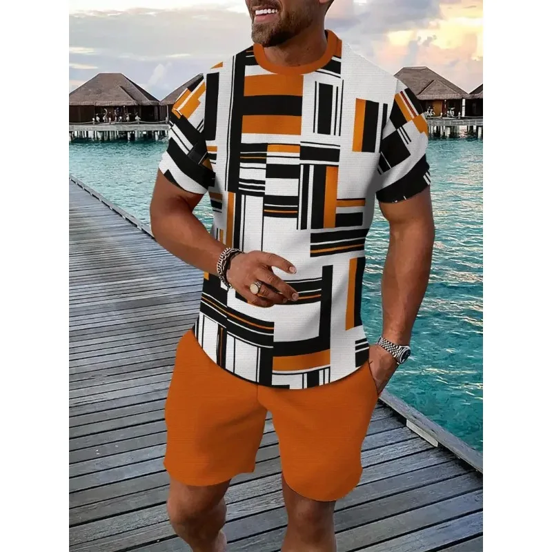 2025 Summer T-shirt and Shorts Set, 3D Color blocked Printed Casual Hawaiian Men's and Women's Sports Set Two Piece Jogging Suit
