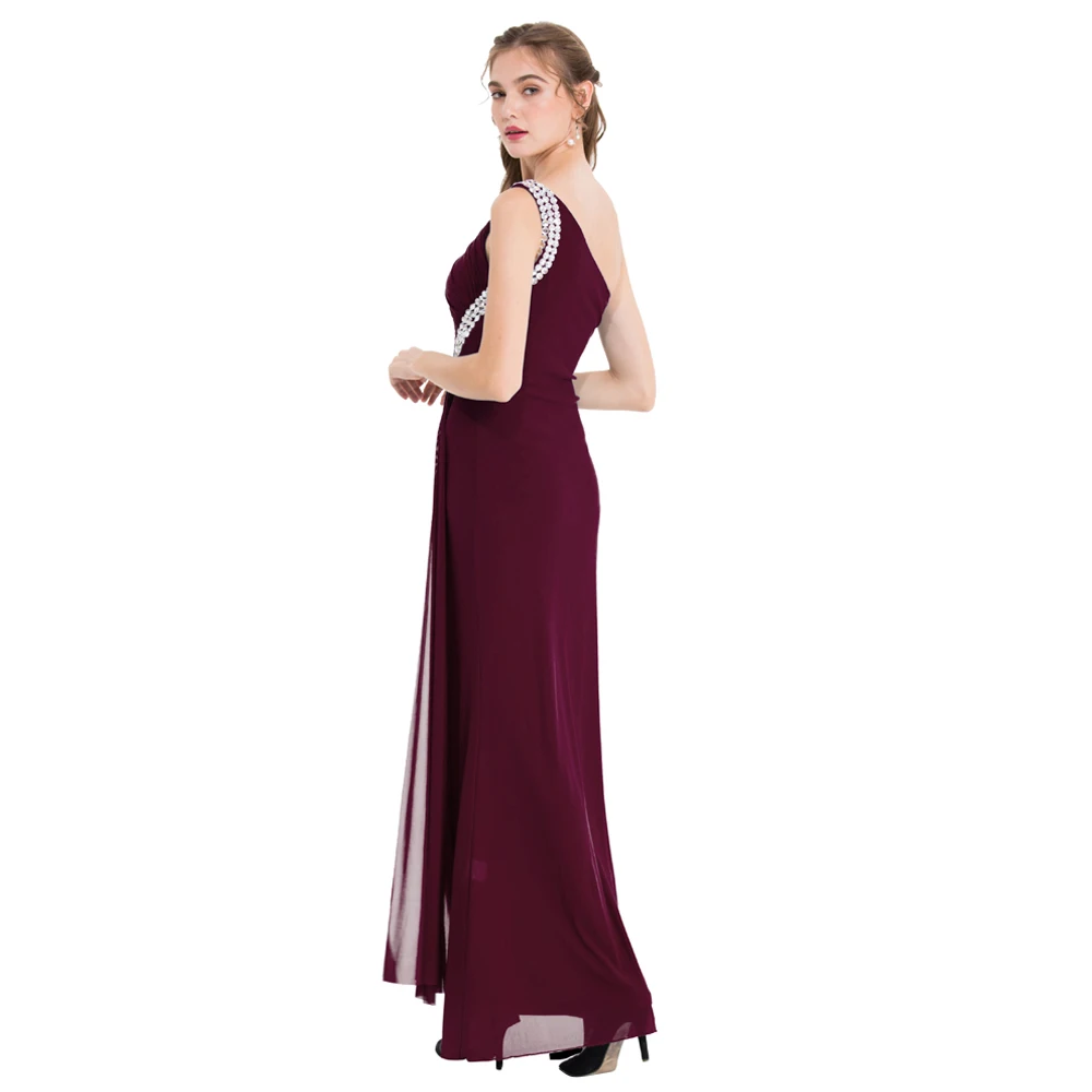 Wedding Guest Gown Angel-fashions One Shoulder Split Evening Dress Long Pleated Beading Formal Party Gown Wine Red 411