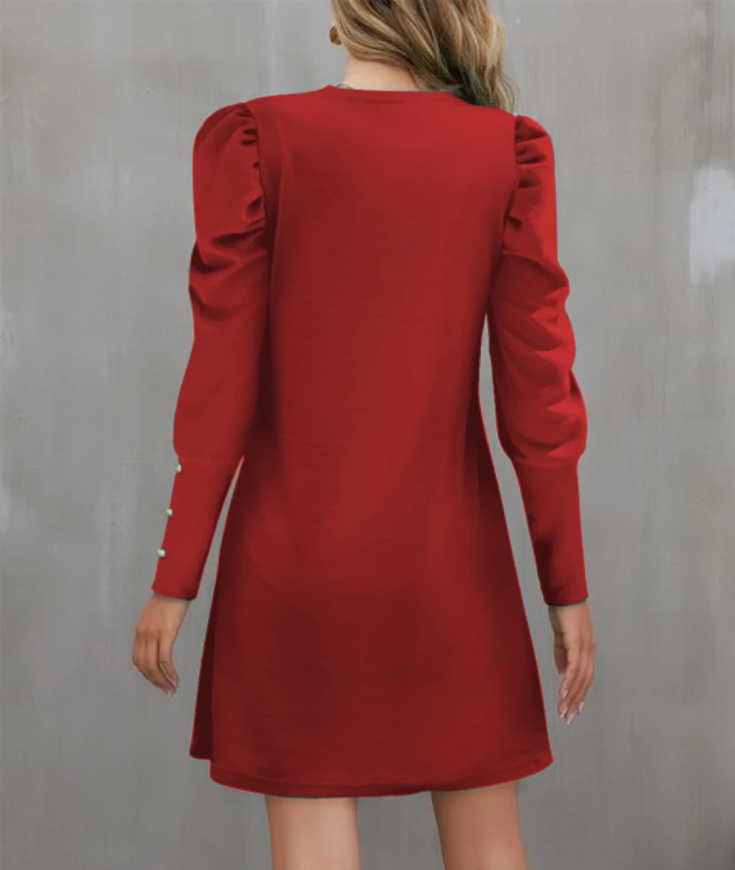 2024 European and American Cross-Border Women\'s Clothing Amazon Autumn and Winter New Pure Color Round Neck Puff Sleeve Button L