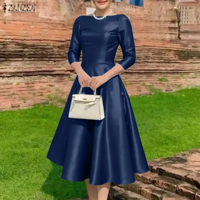 ZANZEA Elegante Abito Midi da Festa in Raso Nero, Vestito da Donna con Scollo a Barca e Maniche 3/4, Linea ad A, per Ospiti di Matrimonio