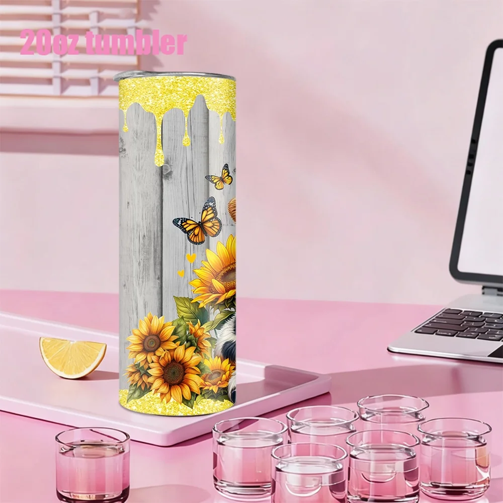 Bild 5: 1 Stück Edelstahl-Wasserflasche/-Becher mit Strohhalm – Kalb- und Sonnenblumenmuster, 20oz (591ml)