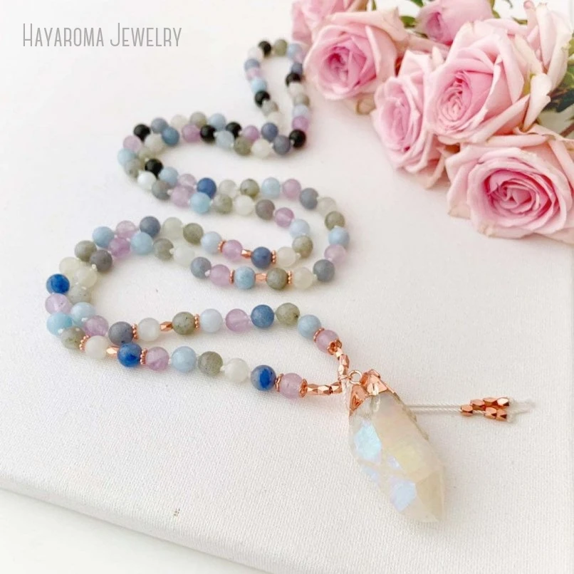 10 قطعة Moonstone الملاك هالة الكوارتز قلادة قلادة 108 جابا مالا الصلاة المقدسة زن حبة النساء المجوهرات