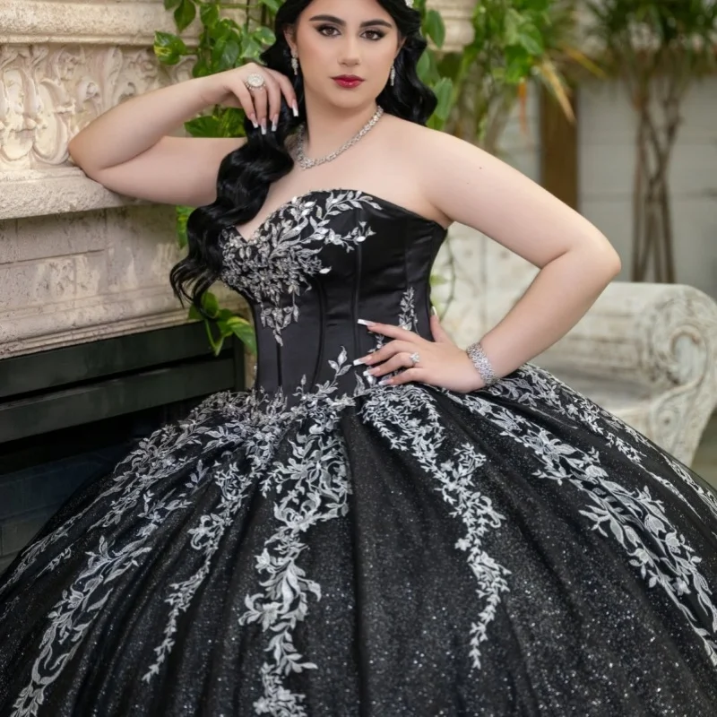 

Shiny Black Quinceanera Dresses Off the Shoulder Silvery Glitter Decal Lace Layering Long tail Vestidoe 15 Quinceanera Customize