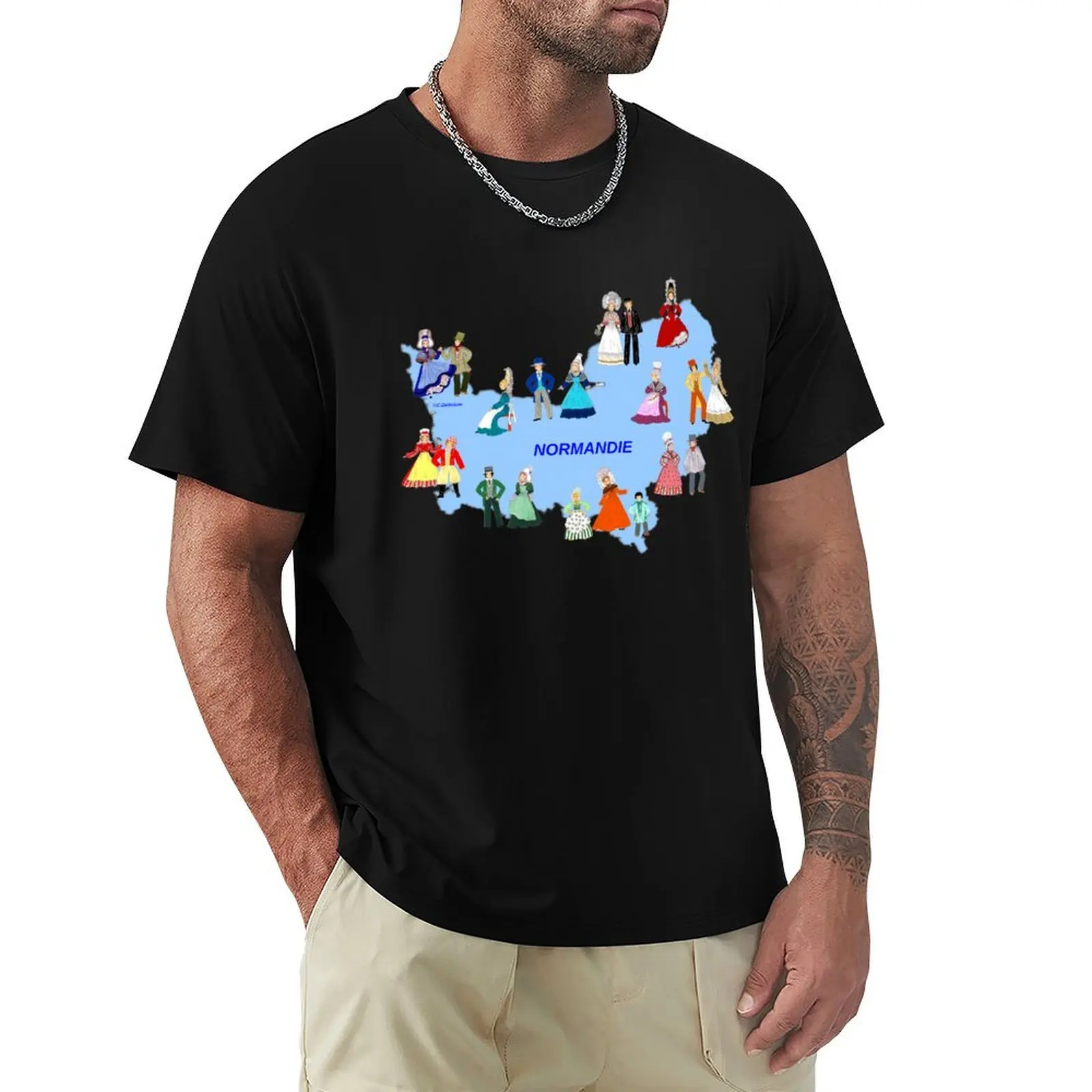 

Map of Normandy and some traditional costumes. la France T-Shirt cotton man t-shirts Anime t-shirt T-shirts for men cotton