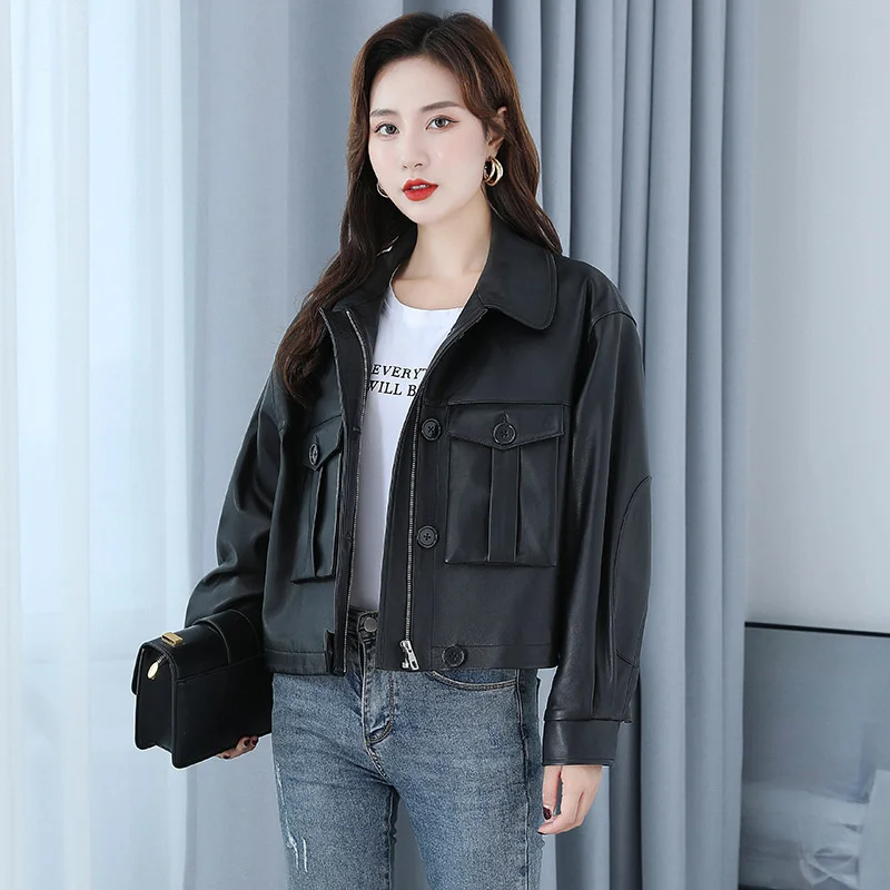 2023  Designer Women Short Genuine Leather Biker Jackets Office Lady Single Breasted Loose Outerwear Elegant Black Sheepskin Coa