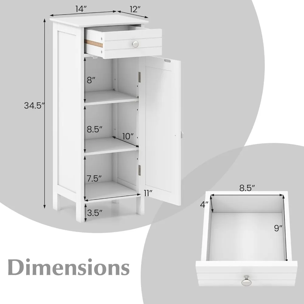 Bathroom Floor Cabinet, Free-Standing Single Door Storage Cabinet with Drawer & 2 Adjustable Shelves