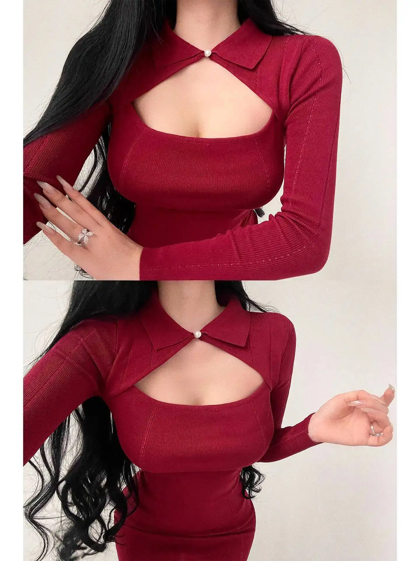 เดรสไหมพรมแขนยาวคอปกพับได้เว้าอกเซ็กซี่สไตล์สาวฮอต รุ่น Pure Desire ทรงเข้ารูปสั้น สำหรับฤดูใบไม้ร่วง รุ่น WKT8