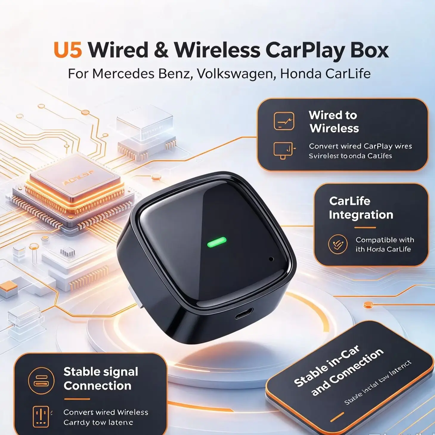 U5 CarPlay Box Wireless Wired CarPlay Android Auto Adapter For Mercedes-Benz Volkswagen Honda Car Connectivity Upgrade
