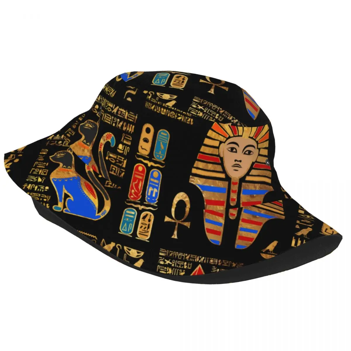 Egyptian Hieroglyphs And Deities On Black Bucket Hat for Summer Vocation Egypt Floppy Hat Bob Fishing Fisherman Hat Ispoti Cap