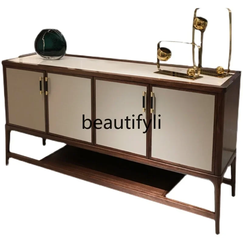 

New Chinese side cabinet, black gold pure solid wood light luxury four doors 1.6 meters entrance cabinet cupboard