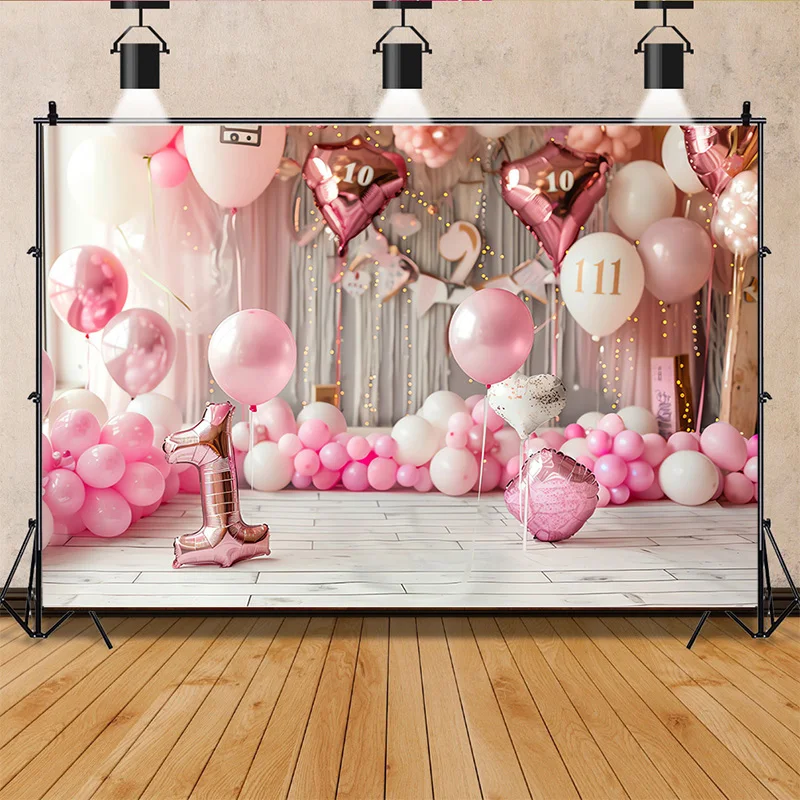 Happy Birthday  Photography Background  Number Pink Bear doll Hydrogen balloon Floral  Baby  Party  Backdrops SR-873