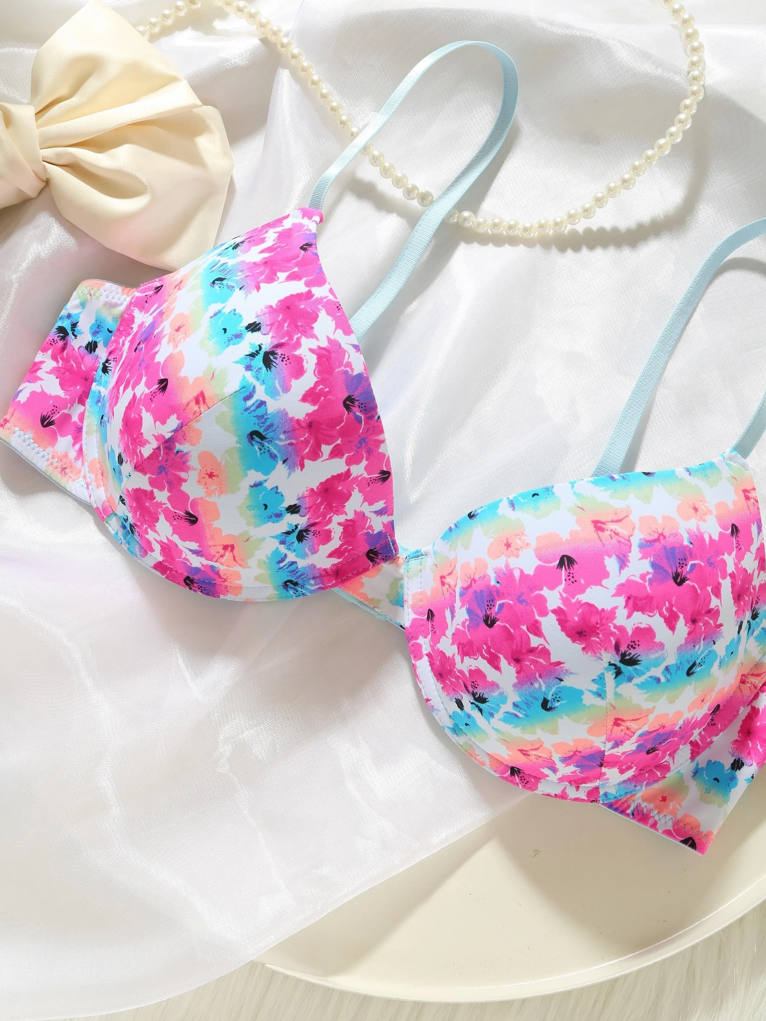 Tie Dye Push Up Bra, Floral Print Full Coverage Bra, Women\'s Lingerie & Underwear