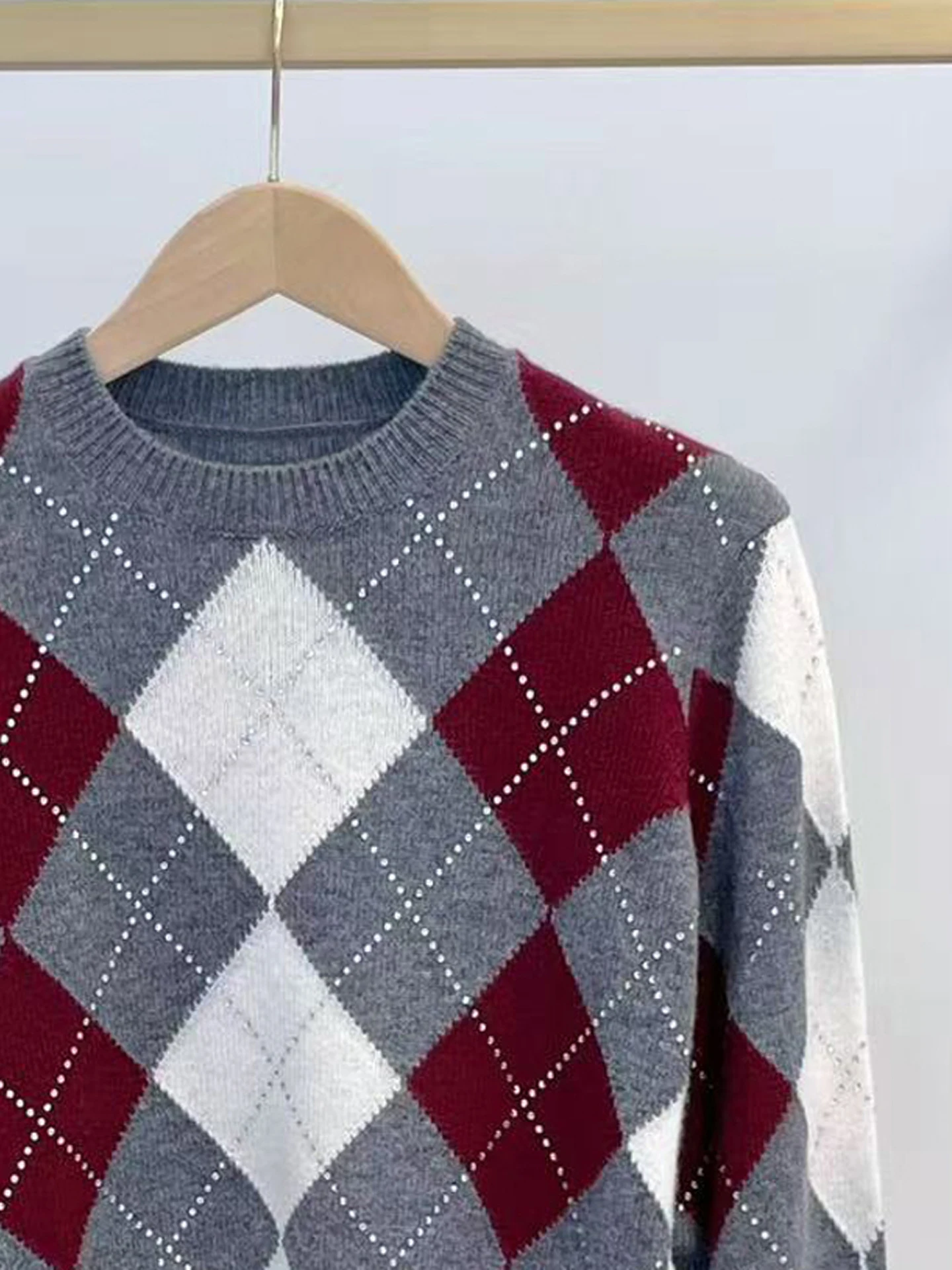 

M Home South Oil High End Women's Casual Diamond Embellied Knitwear Sweater id Pattern Long Sve round Ne Top