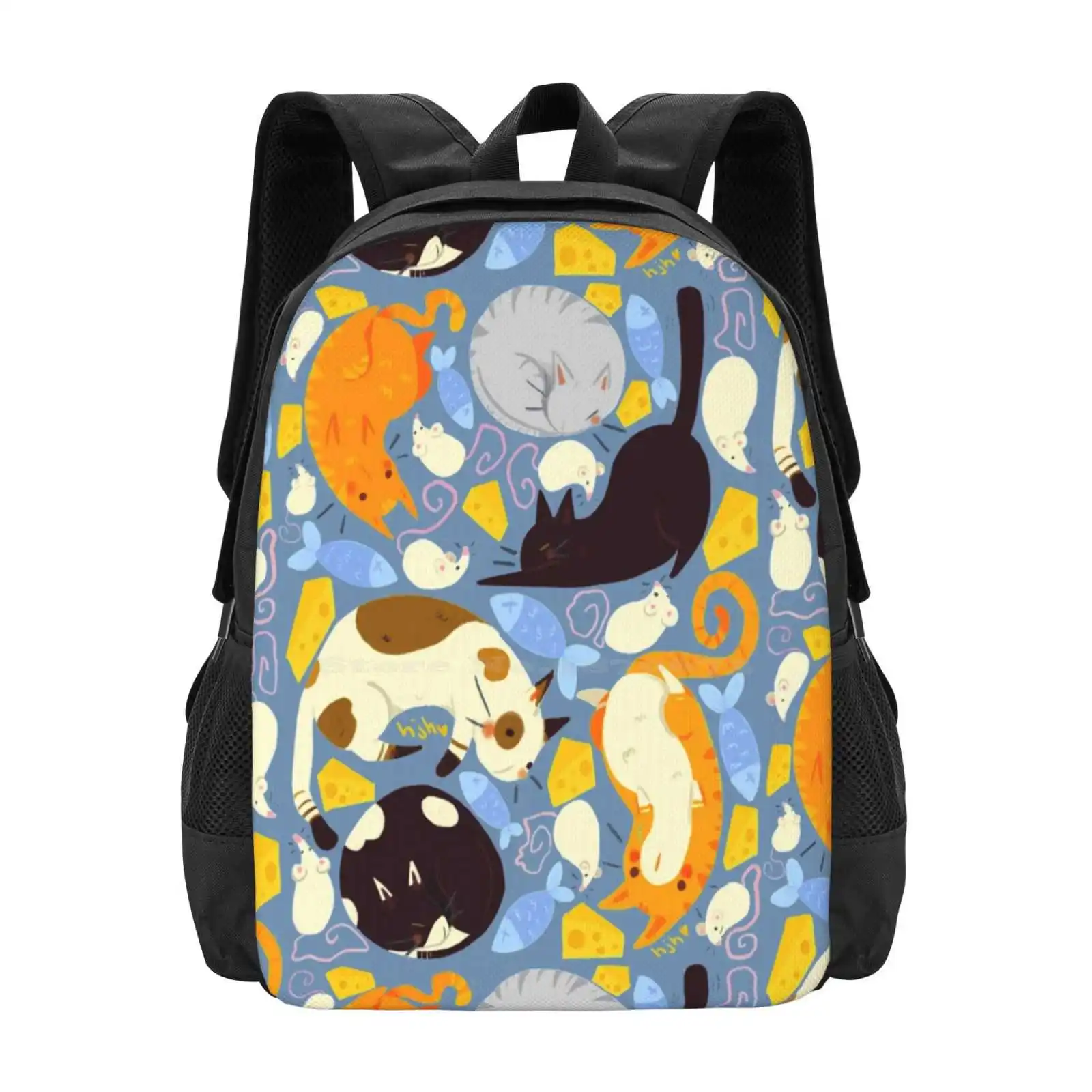 Cute Cat And Mouse Pattern Bag Backpack For Men Women Girls Teenage Fish Mice Cheese Pattern Hannah Hurst No Line Art Crayon