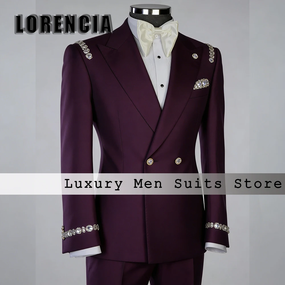 

Simple Jewelry Men Suits 2 Pieces Double Breasted Crystal Wedding Party Tuxedos Customized Blazer Pants traje juvenil masculin