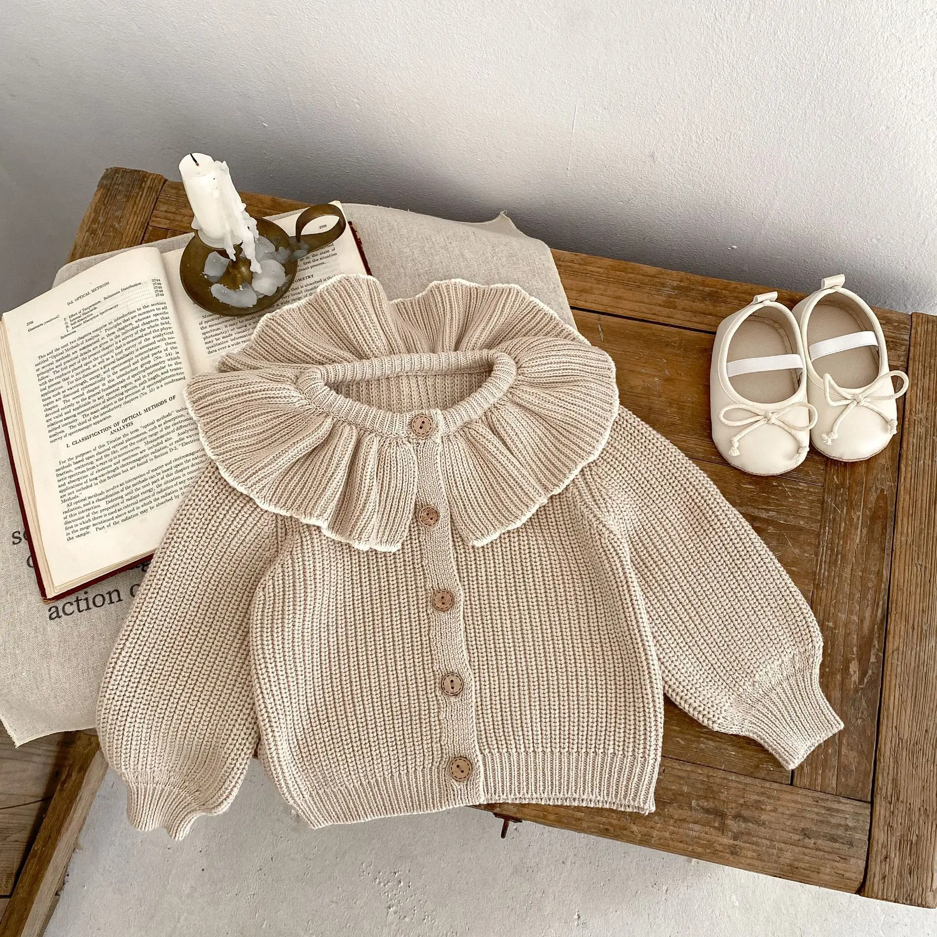 Children Clothing Versatile Style Baby Lotus Leaf Edge Collar Knitting Cardigan Sweater Soild Coat Autumn Season