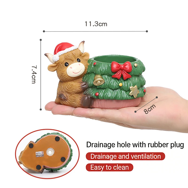 Christmas Highland Cow Plant Pot Resin Succulent Planter for Home Office Desk Mini Ornament Fairy Garden Flowerpot Decoration