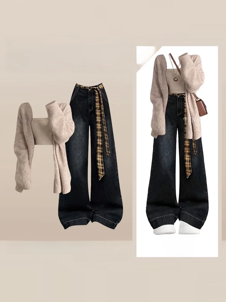 

Осенне-зимний вязаный комплект: свитер и джинсы с широкими штанинами в корейском ретро-стиле, модный повседневный комплект из топа и брюк
