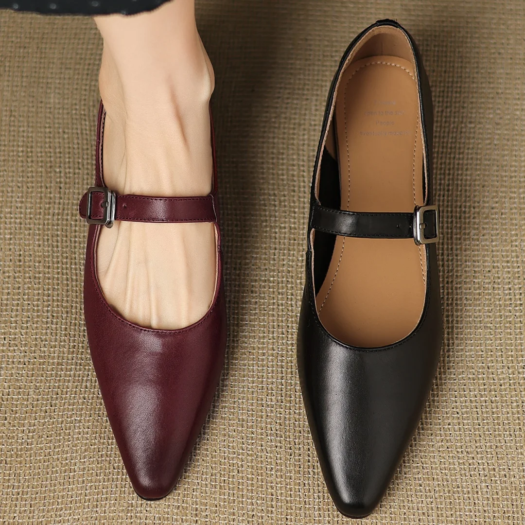 

Женские слипоны из коровьей кожи с острым носком и металлической пряжкой, туфли Мэри Джейн на плоской подошве высокого качества, мягкие, удобные, элегантные женские тонкие модельные туфли