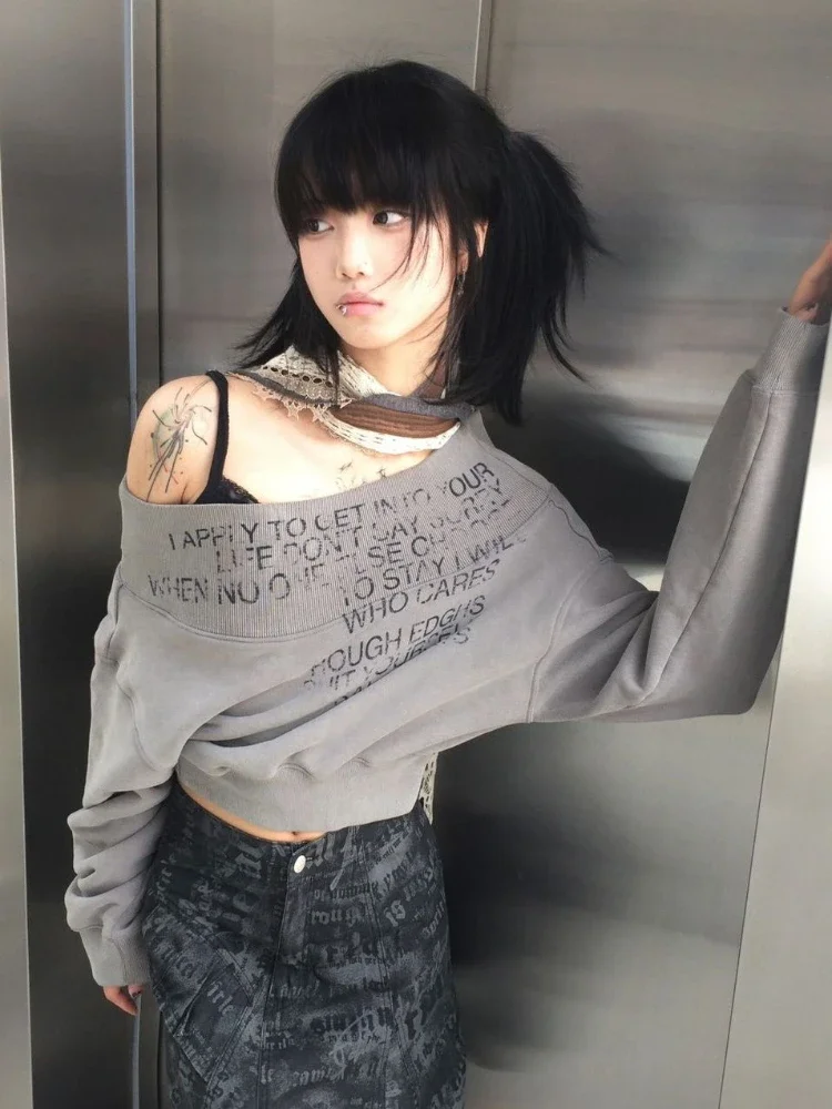 Hoddies Frauen Vintage Kleidung Brief Drucken Crop Slash Neck Harajuku Sexy Tops Streetwear Japanischen Sweatshirts Casual