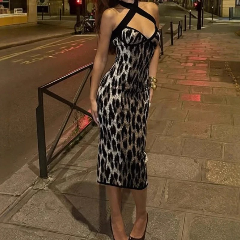 

Sexy Nightclub Style Women's Clothing Cross Neck Halter Slim Fit Leopard Print Temperament Spice Girl Dress
