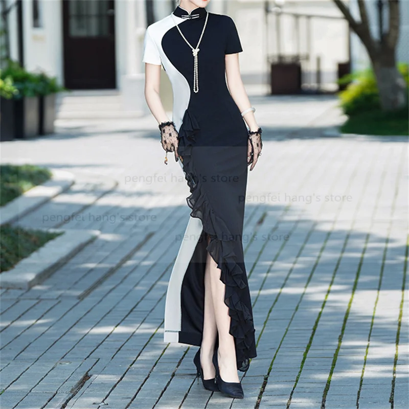 Black White Patchwork Chesongam Sexy Ruffles Trim Qipao Lady Elegant Stage Show Performance Vestidos Robe Improved Chinese Dress