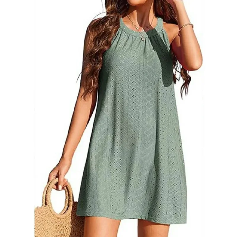 

2024 Europe And The United States New Summer Women's Sleeveless Neck Sexy Elegant Pure Color Casual Hollow Dress