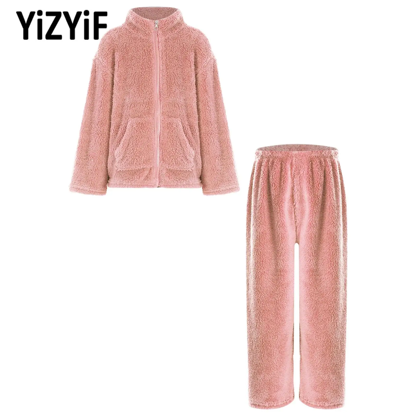 

2Pcs Kids Girls Boys Fuzzy Flannel Pajamas Set Sleepwear Homewear Loungewear for Travel Holiday Birthday Party Casual Outfit