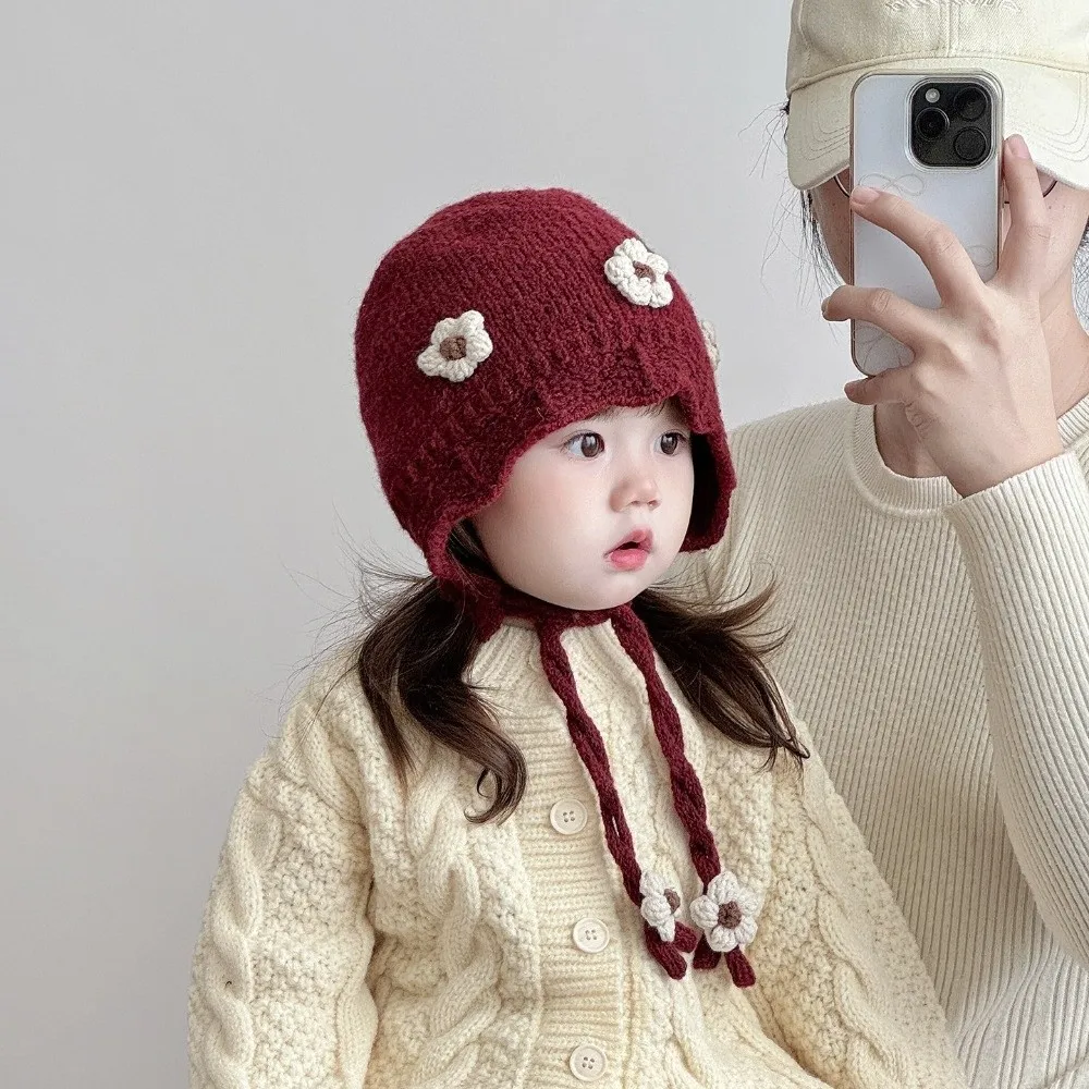 

New Windproof Pullover Cap Pompom Knitted Flower Beanie Hat Coldproof Lei Feng Hat 3-36M