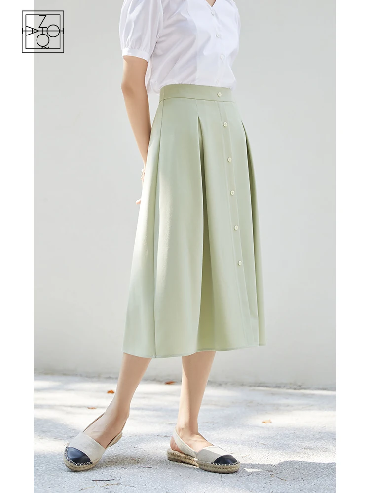 ZIQIAO Women Summer 2021 Woman Skirts Women's Solid Color A-line Pleated Skirt Side Zipper Button Decoration Calf Skirt