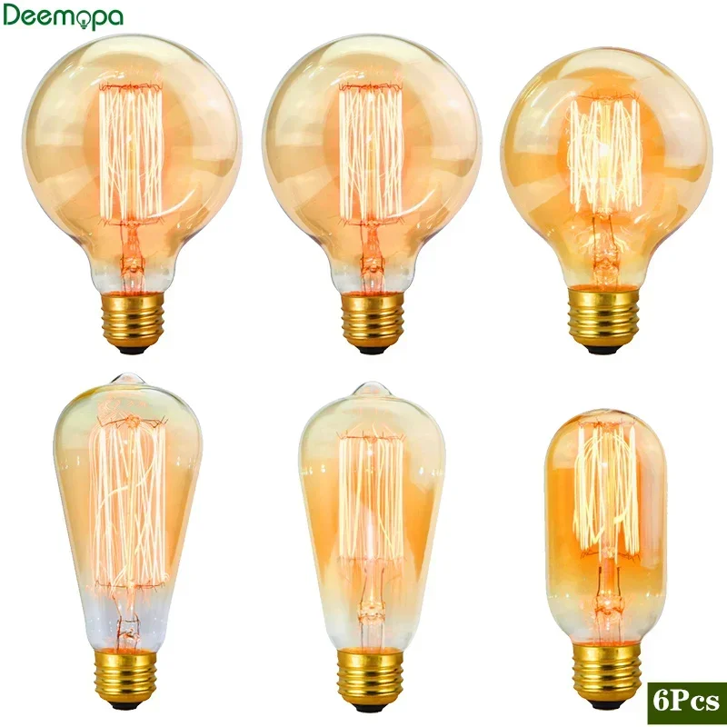 6 adet/grup Retro Edison Ampul C35 T45 ST64 G80 G95 A60 Filament Işık 40 W E27 Vintage Ampul Akkor Lamba Dekoratif Işıklar