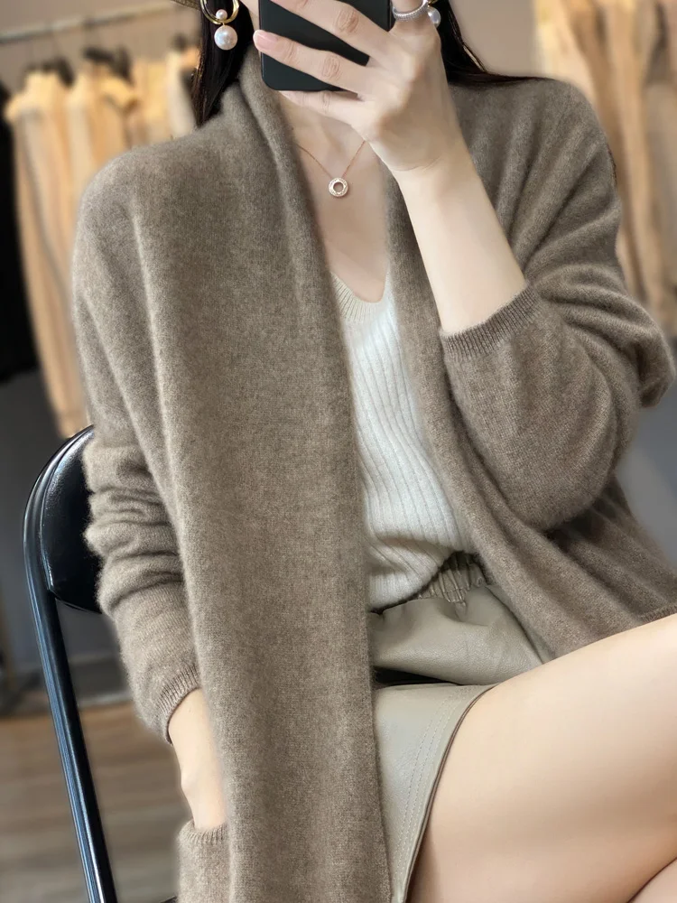 100% Merino Wool Spring Autumn Women\'s Cardigan Long Sleeve Sweater Solid Color Loose Warm Knitwear Fashion Female Long Coat