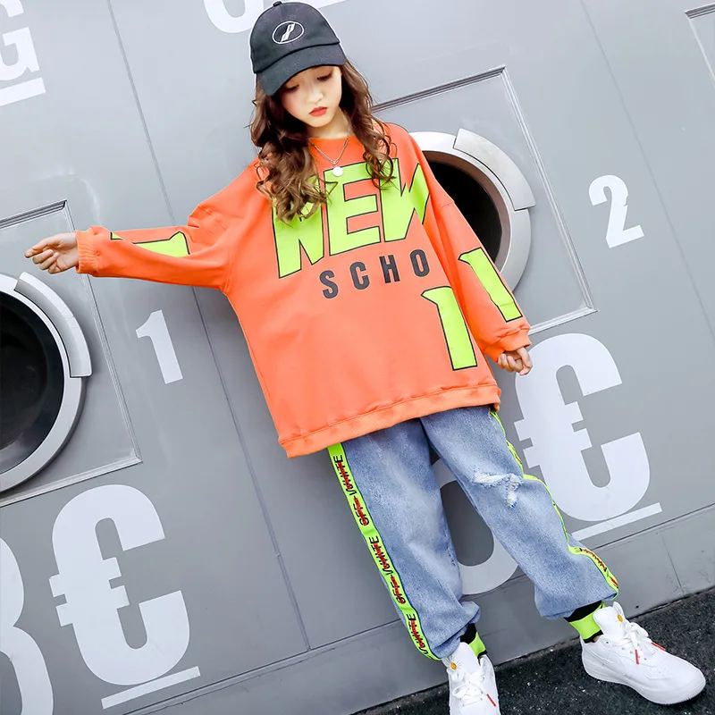 Kids Girl Classic Letter Sweater Jeans Sports Sets 2021 Spring Autumn New Korean Cute Beauty Teenage Child Costume 12 13 14 Year