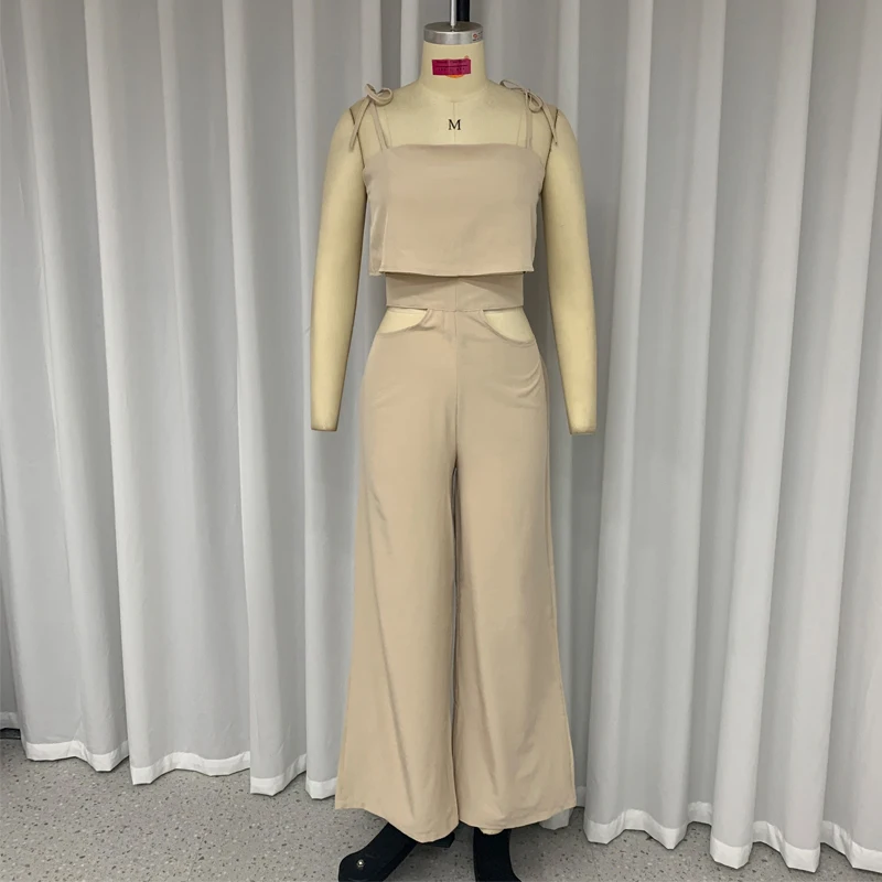 Wefads – ensemble 2 pièces pour femmes, mode d'été, couleur unie, sans manches, écharpe à lacets, haut court, ample, taille haute, jambes larges, pantalon découpé