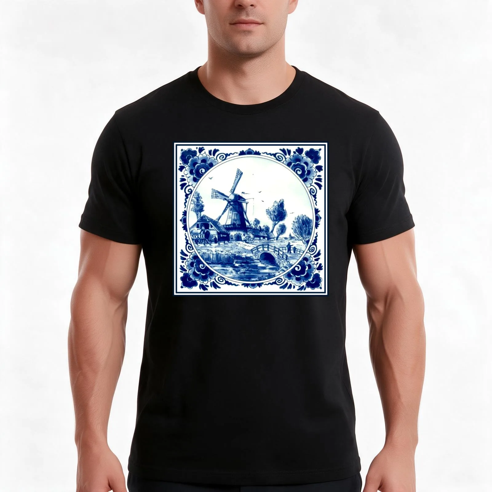 DUTCH BLUE DELFT : Vintage Windmill and Bridge Print T-Shirt, Summer Casual Cotton Tee, Oversized Streetwear Tops, 100% Cotton