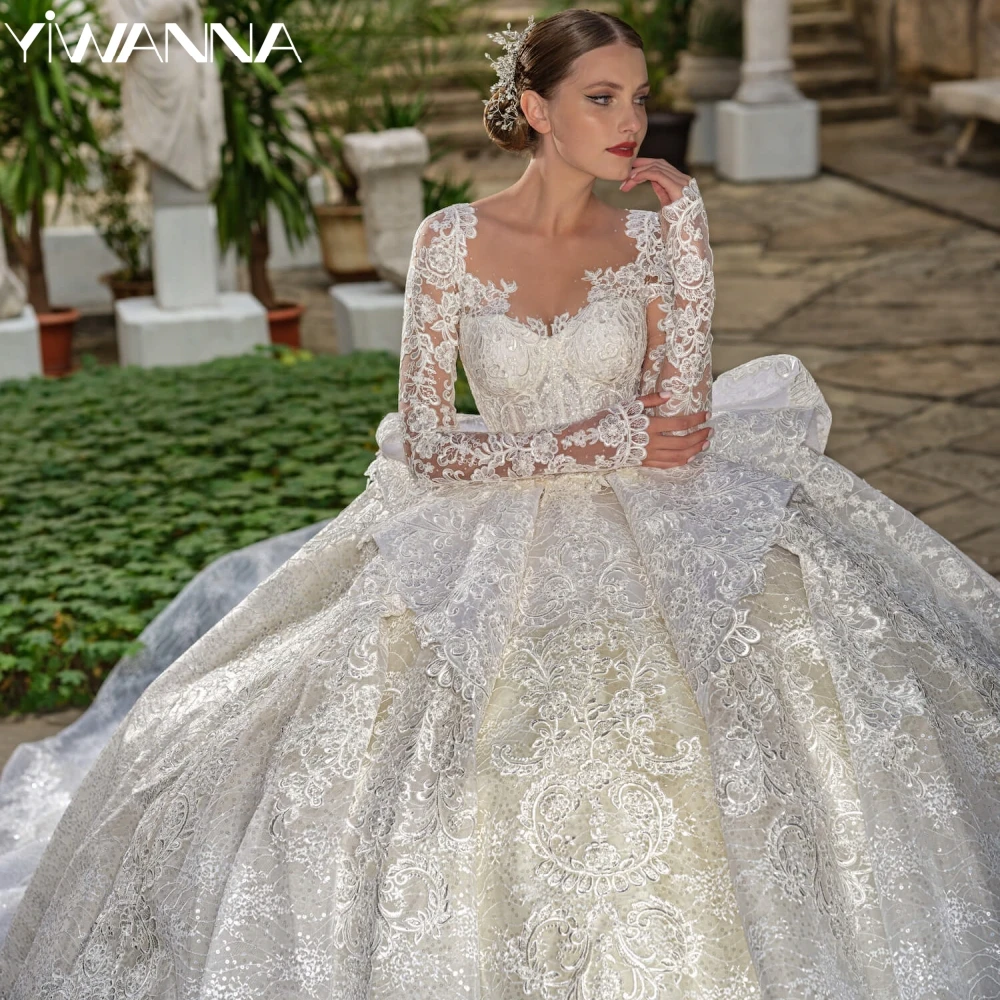 

New Arrival Princess Lace Appliques Wedding Dress Sequined Long Sleeve Bridal Gown Customized Dreamy Luxury Dresses For Bride