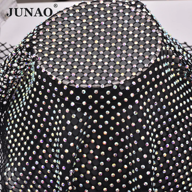 JUNAO 30*40cm Shiny Black AB Glass Rhinestones Net Fabric Sheet Stretch Crystal Mesh Trim Strass Applique For Clothes Crafts
