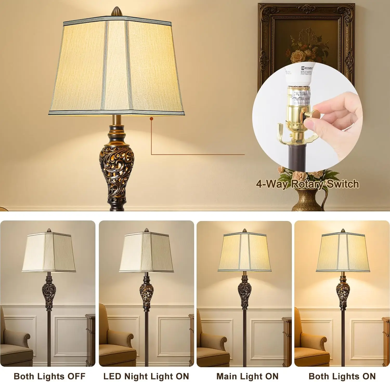 Vintage vloerlamp 65' retro staande lamp met bruine afwerking en beige kunstzijde kap, boerderij industriële hoge lamp voor