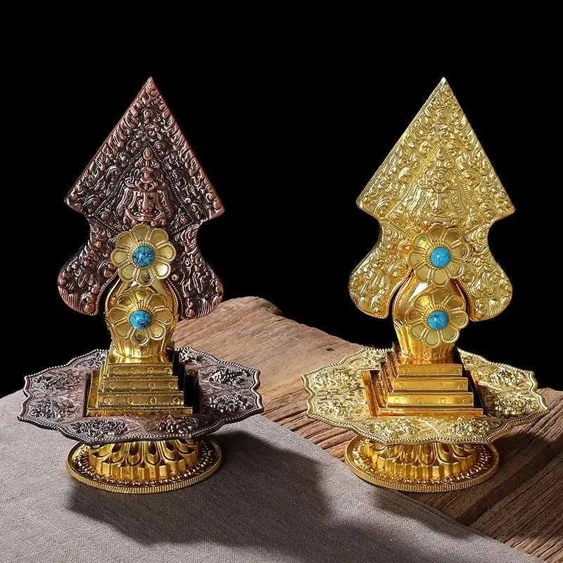 Embossed Floral Alloy Torma Offering Statue Imitation Turquoise Inlay MultiLayer Lotus Pedestal Religious Altar Display Ornament