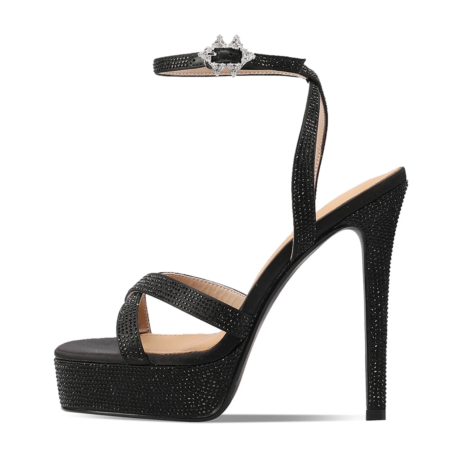 New Sex silver Buckle strap platform sandals women high heels stletto heel rhinestone with sandals women's satin banquet shoes
