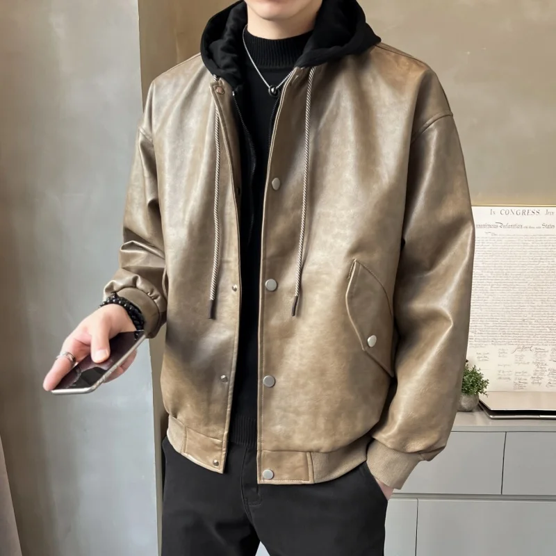 2029  Leather Jacket Fashion Biker Jacket Men Patchwork Motorcycle Pu Leather Coat Casual American Men Clothing Streetwear