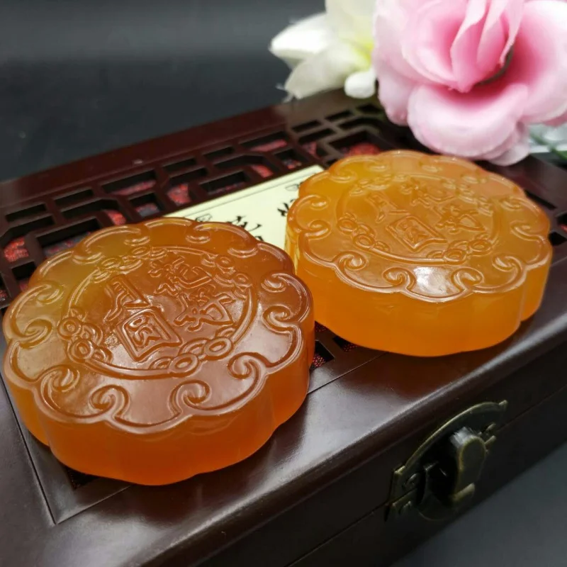 Chalcedony Moon Cake Decoration Mid-Autumn Festival Gift Flower Moon round Agate Moon Cake with Gift Box