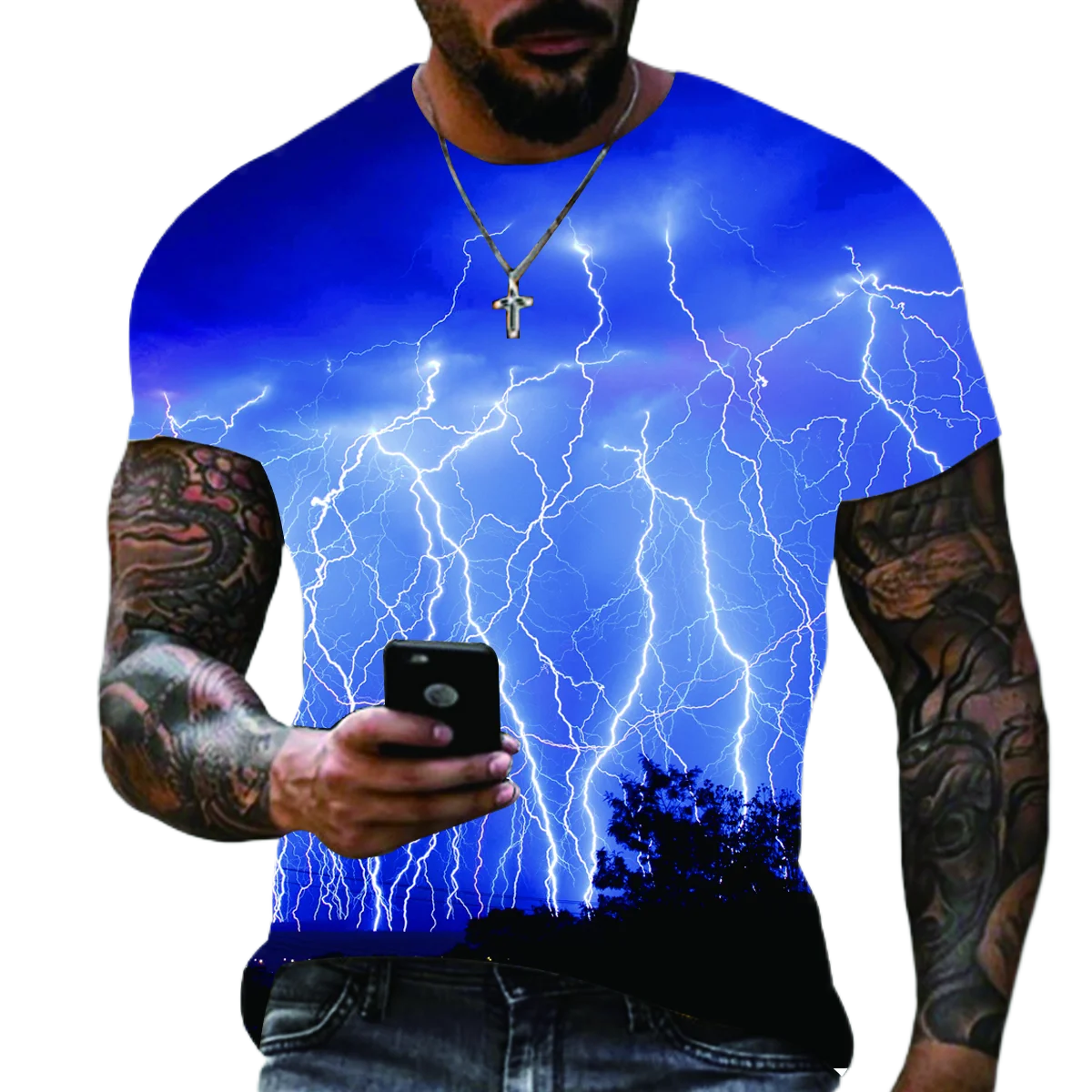 Camiseta masculina impressa digital em 3D, camiseta de manga curta, roupas masculinas grandes, relâmpago casual, legal, verão, novo, 2023