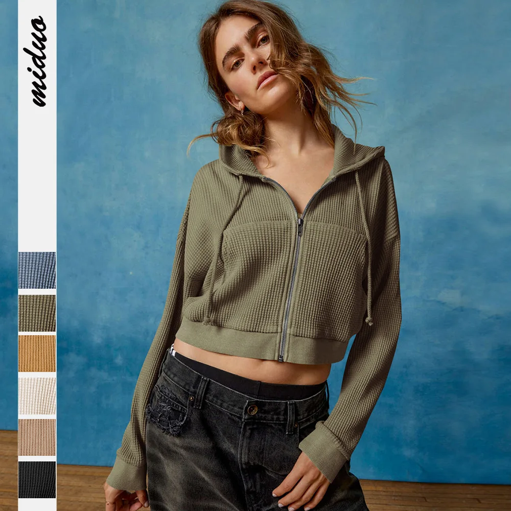 

Spring Autumn Women's Hooded Zipper Cardigan Female Solid Color Waffle Solid Color Short Jacket Lady's Casual Sweat Jacket