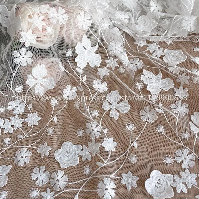 Exquisite Lace Flower Fabric, Wedding Dress, Net Yarn, Embroidery, 3D, Off-White, RS4019